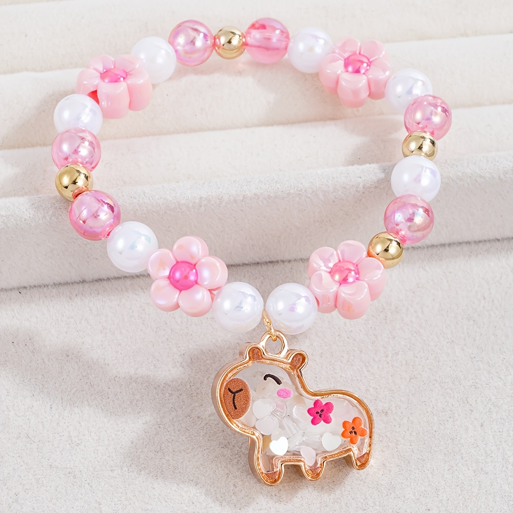 TEMU Bracelet Capybara Qpeach 1 pièce avec pendentif à paillettes oscillantes et perles de fleur - Bracelet élastique extensible pour filles, cadeaux