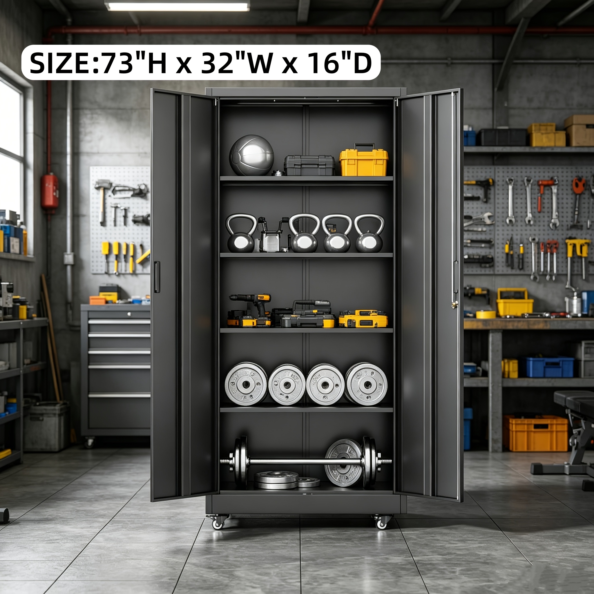 TEMU Metal Storage Cabinet With Wheels, Pegboards, Locking Doors And 4 Adjustable Shelves, 71"h/72"h/73"h Tool Cabinet For Garage, Home, Basement,
