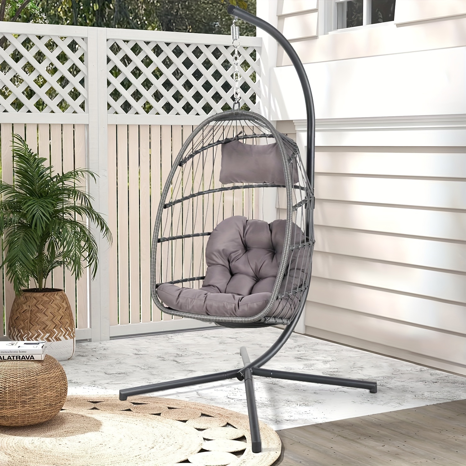 

Hanging Egg Swing Chair With Stand And Weather Cover, Foldable For Indoor Outdoor, Wicker Rattan Basket With Cushion For Bedroom, Patio, Porch