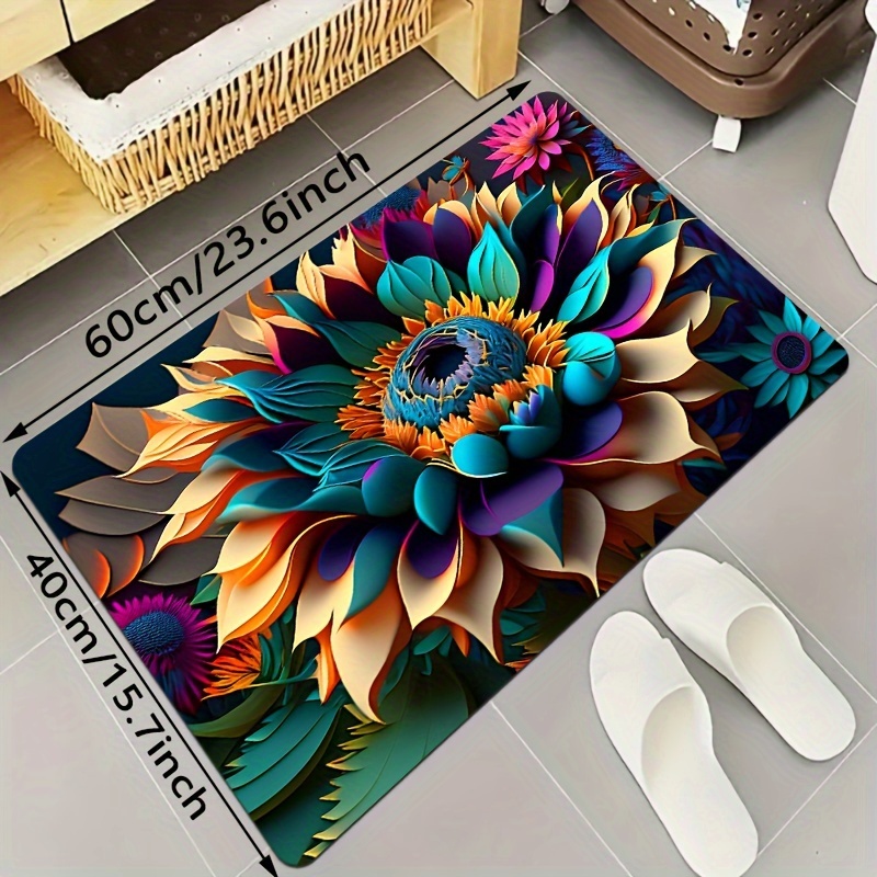 TEMU Blooming For Lotus Pattern Bath Mat - Fade-resistant, Knitted Polyester, Rectangular Shower Rug For Home Decor