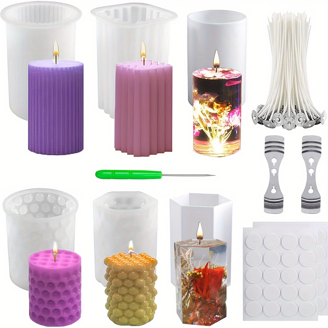 

6 Candle Silicone Mould Set, Including 50 Wicks, 40 Wick Stickers, 2 Wick Holders, Cylindrical Silicone Moulds For Home Décor, Decorations, Scented Candles, Soap