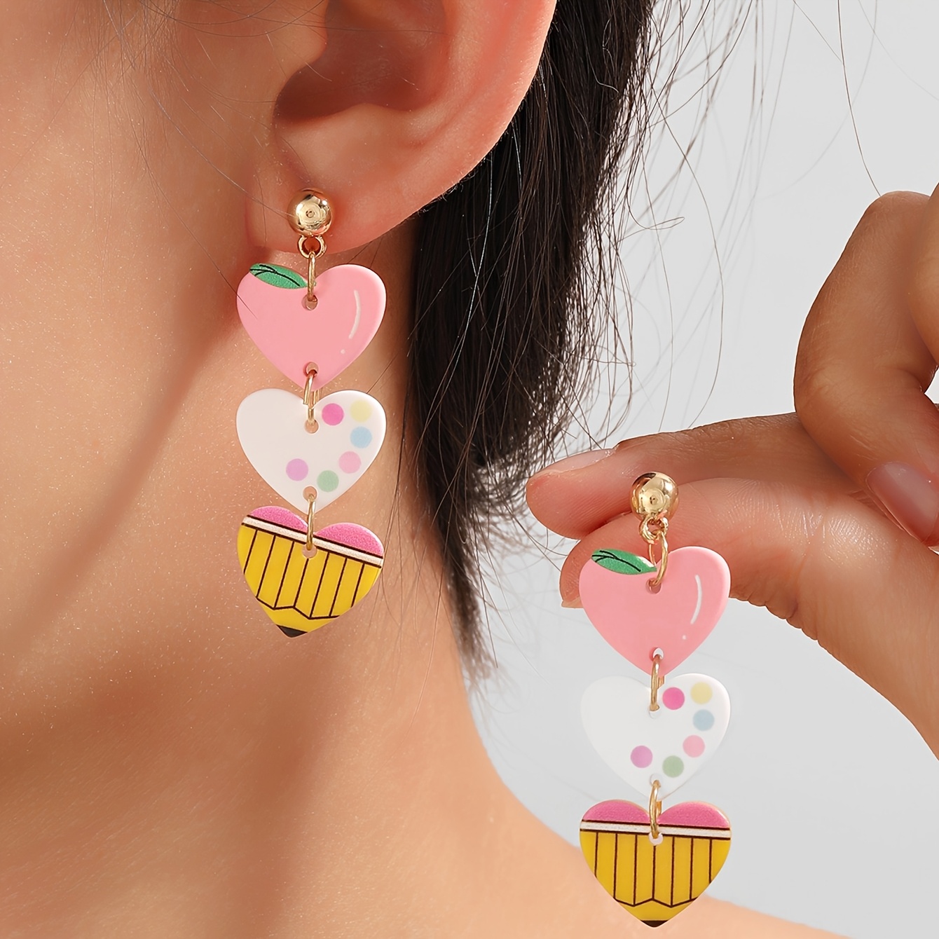 TEMU 1 Pair Personalized Cartoon Fun Peach Palette Pencil Acrylic Long Ear Studs Back To Teacher's Day Jewelry