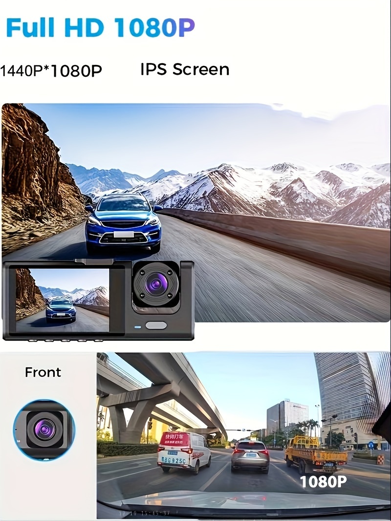 3 channel dash cam front and rear inside 1080p dash cam ir night vision loop recording car dvr camera 3 lens with 2 inch ips screen 3 cameras car dashcam car black box recording at same time wide angle dashboard camera recorder details 2