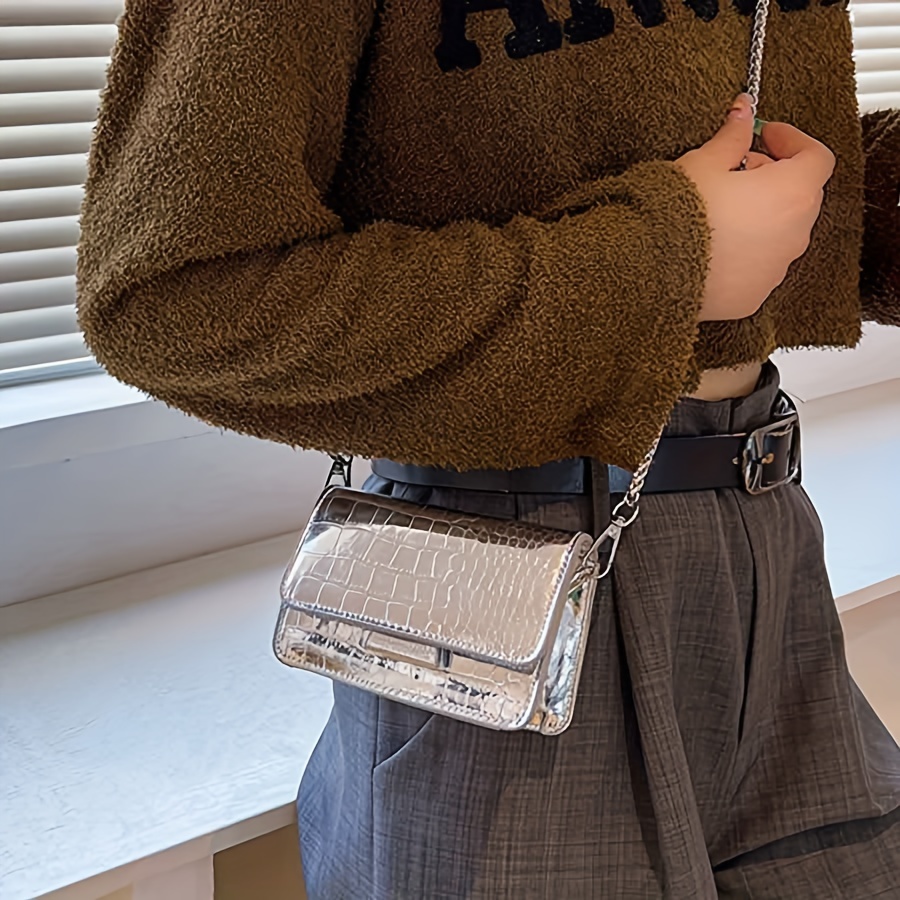 

Trendy Chic Silvery Crocodile Pattern Mini Crossbody Bag For Women, Fashion Chain Strap Shoulder Purse