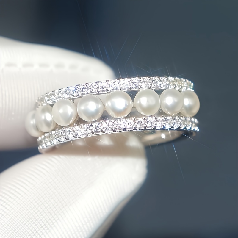 

Elegant Vintage Style Faux Pearl Wide Band Ring With Shiny Cubic Zirconia Women's Bridal Wedding Party Everyday Ring Accessory