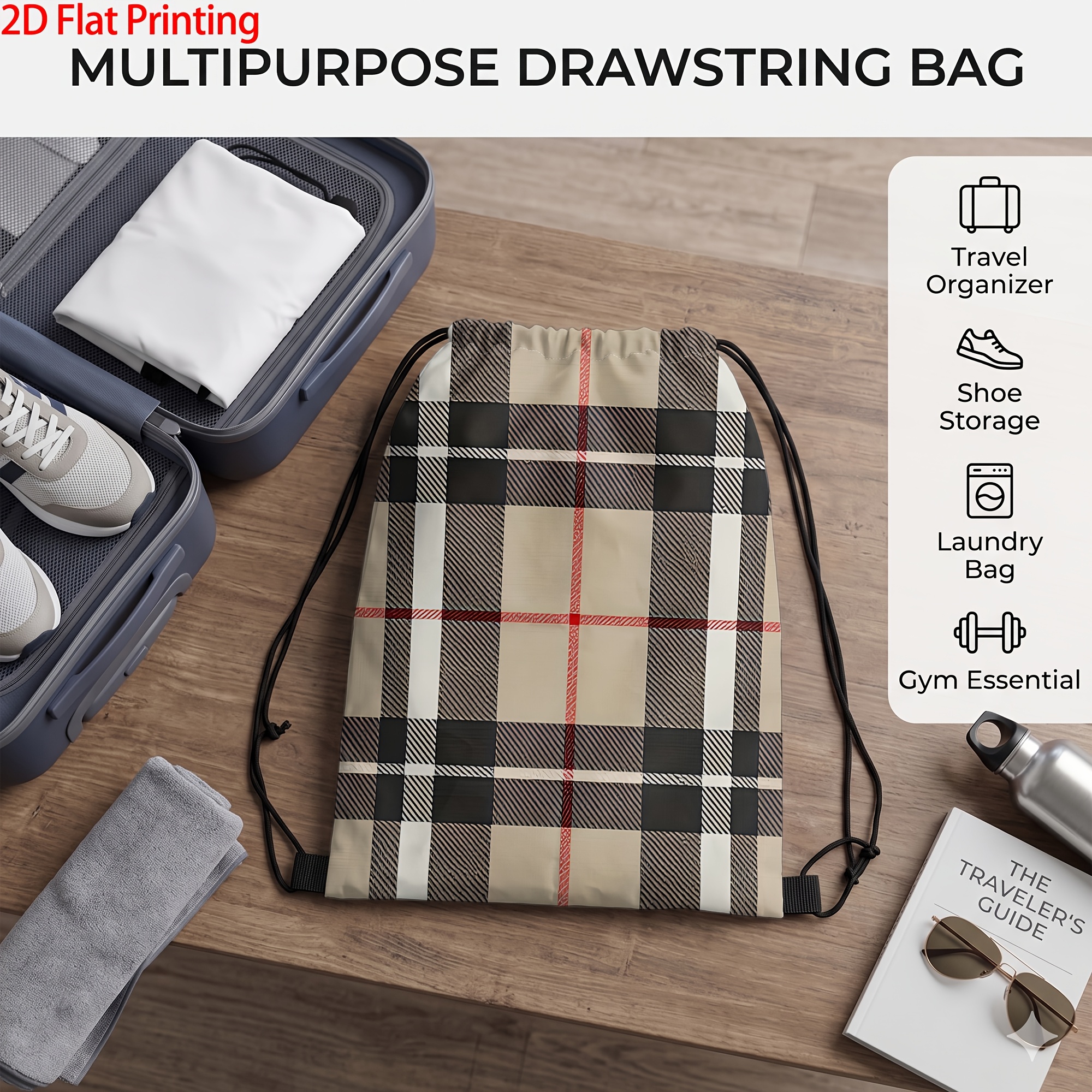 TEMU Lightweight Drawstring Gym Backpack, Classic Checkered Print Sackpack, Portable Durable Sports Bag For Fitness Workout Gym Outdoor Travel School