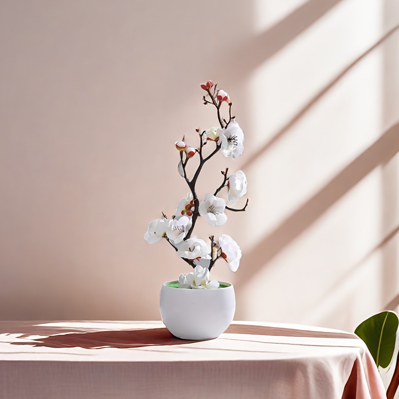 

1pc Elegant Artificial Plum White Pot - Lifelike Flowers For Home & Garden Decor, Ideal For Christmas, Halloween, Easter, Thanksgiving, Day - No Power Needed, Container Included