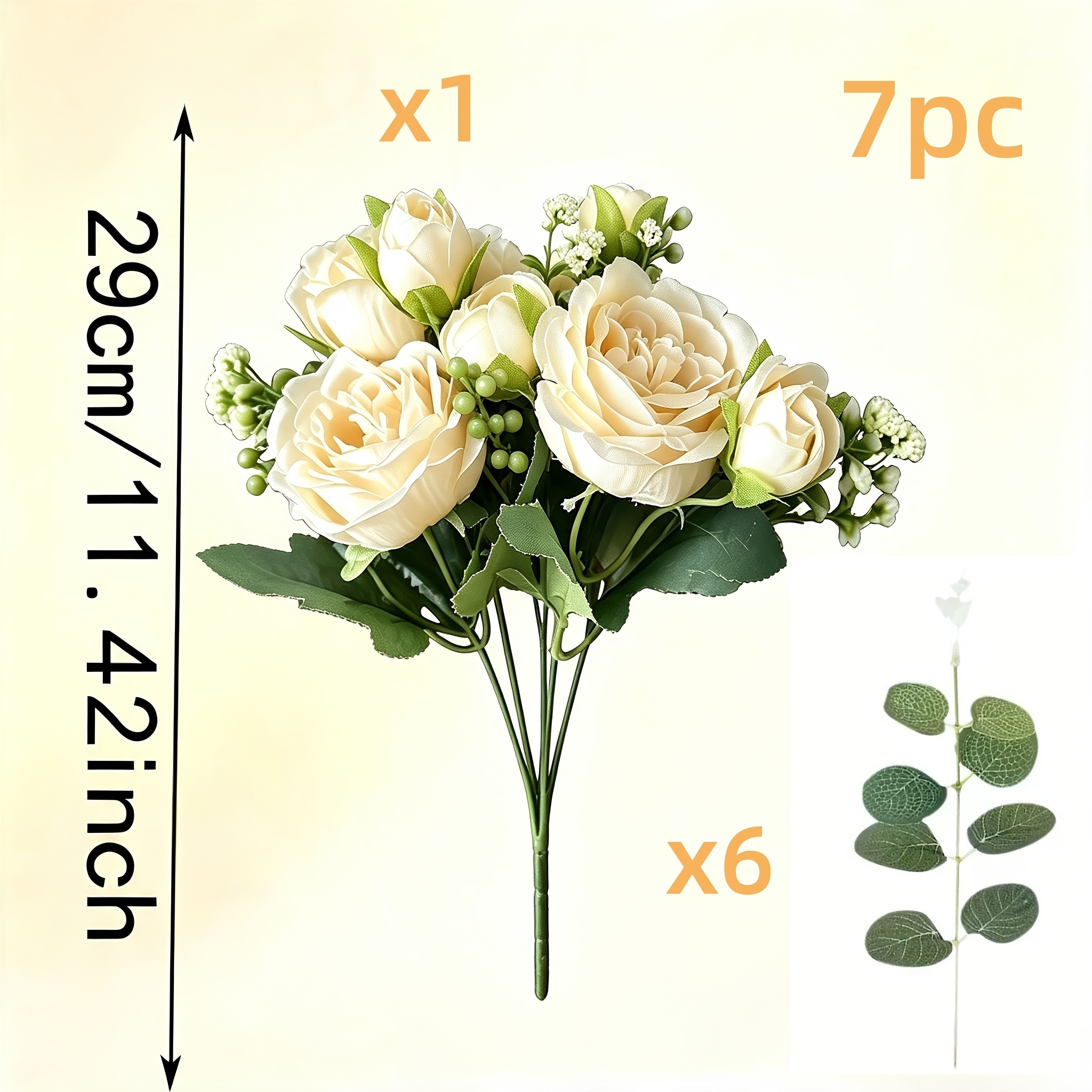 TEMU 7pcs Set Autumn Trendy Champagne-colored Artificial Peony Bouquet, Realistic With Full And Three-dimensional Flower Shapes, Sun-resistant And