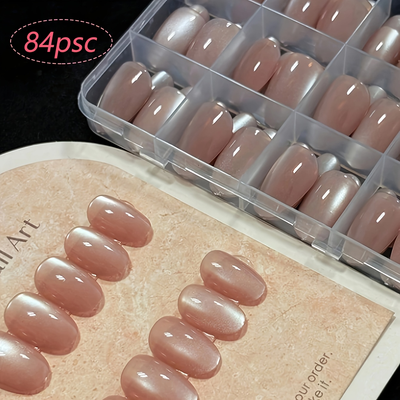 TEMU 84pcs Faux Ongles Avancés Lisses Naturels Rose Clair Œil de Chat Pressés Courts Ovales Ensemble Complet Faux Ongles Brillants Naturels Aurora