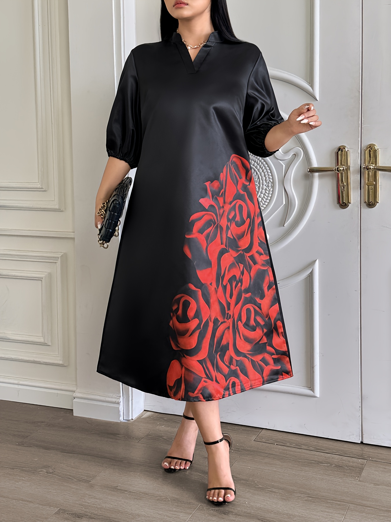 Women'S Stylish Red V-Neck Dress with Black Floral Print - Sleeveless,  Non-Stretch Fabric * * Casual to Semi-Formal Attire, Casual Attire|Floral  Print Dress|Vneckline Dress