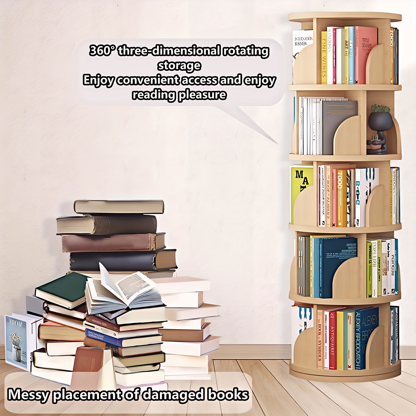 360° Rotating Wooden Book Tower, Spinning Bookshelf with 4/5 Tiers for Office, Living Room, And Room
