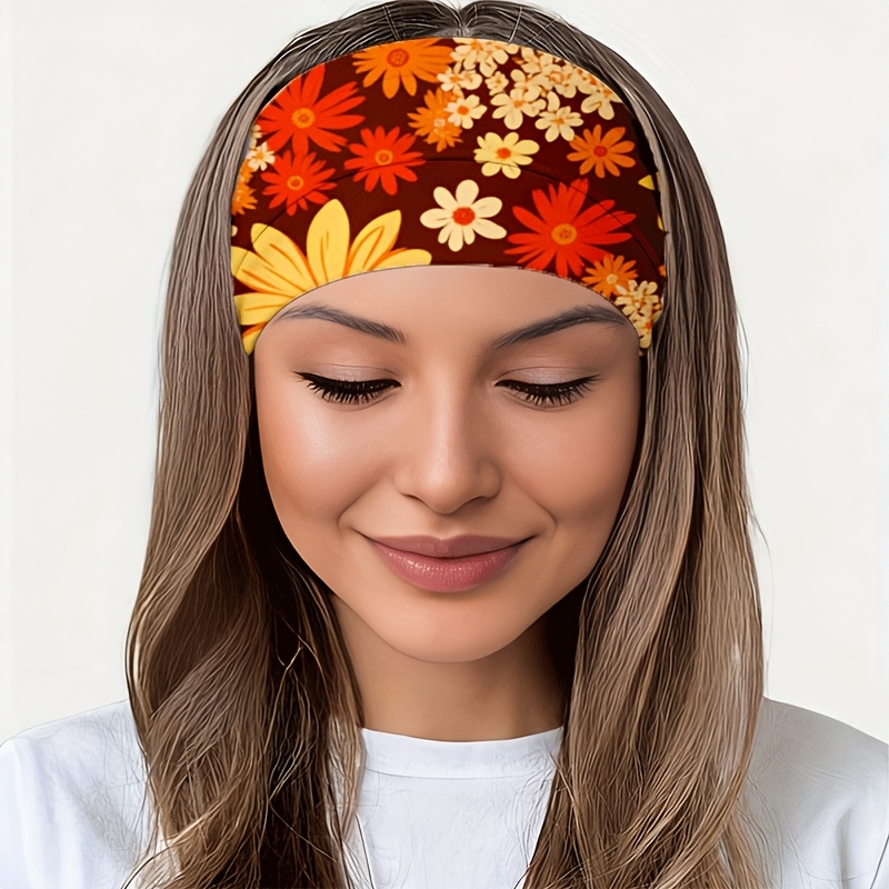 TEMU bandeau imprimé intégral marguerite rétro orange-jaune, Yoga / Gym / Course / Cyclisme, Voyage / Sortie / Plage, Antidérapant / Design nœud /