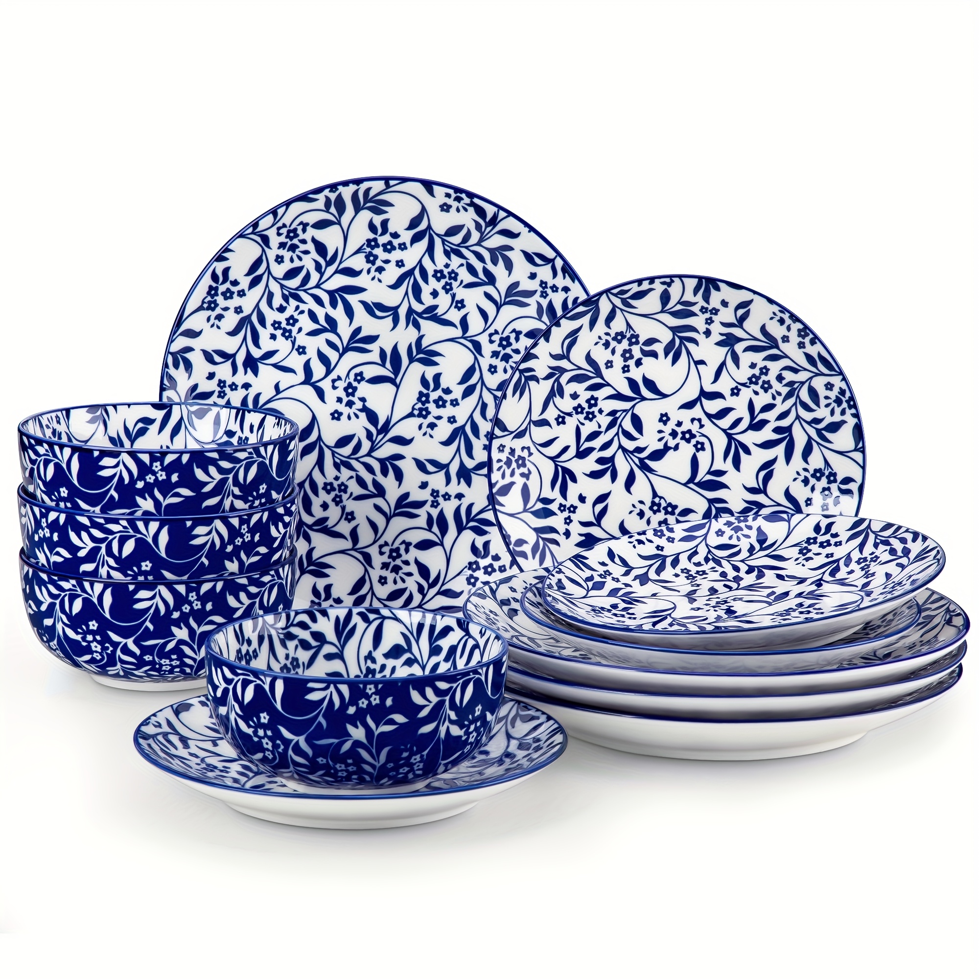 Set Of 12 Blue And White Porcelain Dishes, Including Dinner Plates, Dessert Plates, And Cereal Bowls For 4 People