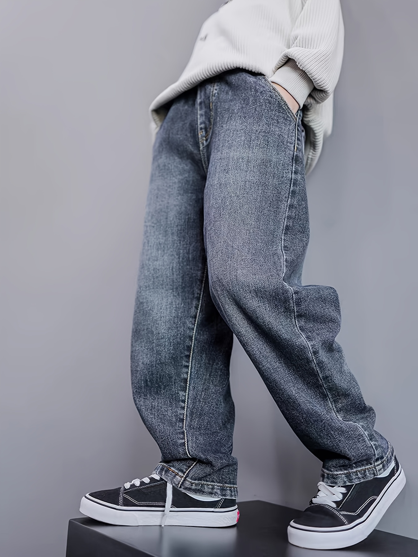 Boys' Casual Denim Jeans - Spring/Fall 2024 Collection, Letter Detail, Non-Stretch Fabric, Machine Washable, Long Pants for Youngsters