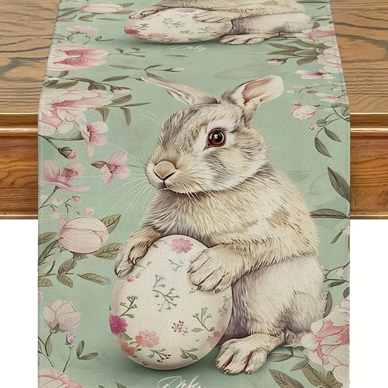 

1pc Easter Bunny Linen Table Runner - 100% Woven Linen, Rectangular, Design, Ideal For Kitchen & Dining Decor, Multiple Sizes