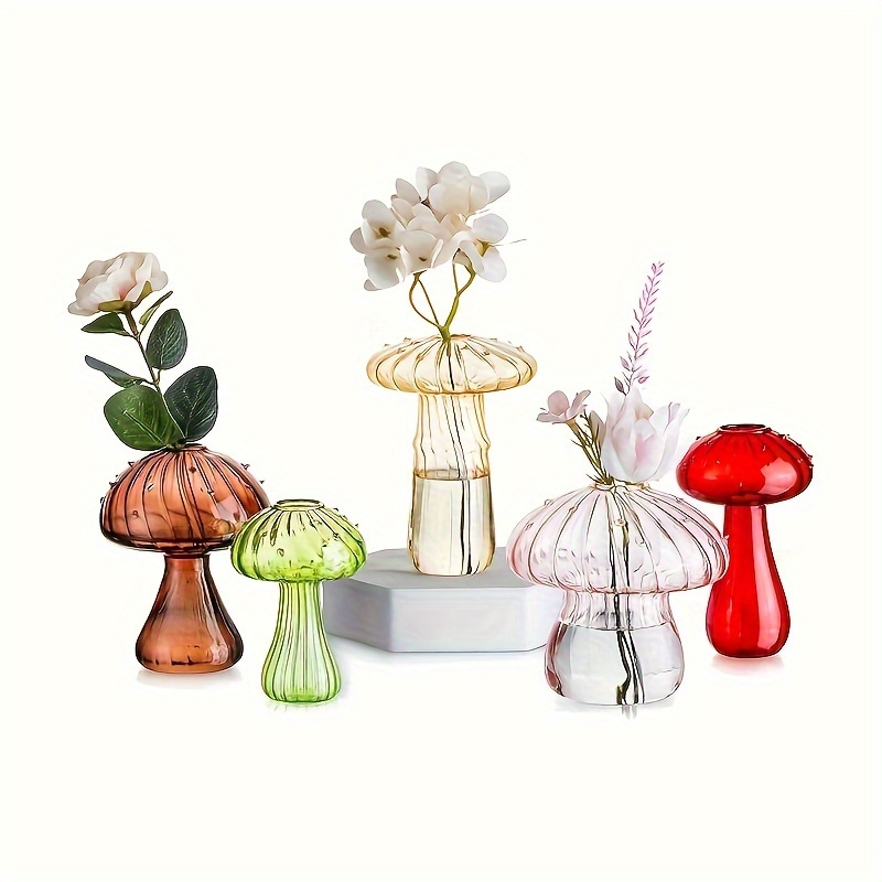 TEMU Mushroom Glass Planter, Set Of 5 Colored Plant Propagation Station, Mini Terrarium For Plants, Unique Small Glass Vase For Flowers, Cute Hydroponic Indoor Planters Gifts For Women Room Decor