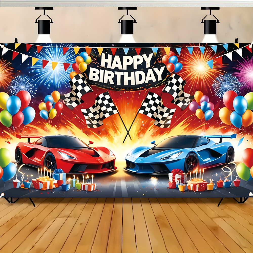 

1pc Vibrant Cartoon Racing Theme Birthday Banner | " .3" | Supercar Design With "" Flags | Polyester | Indoor & Outdoor Party Decorations