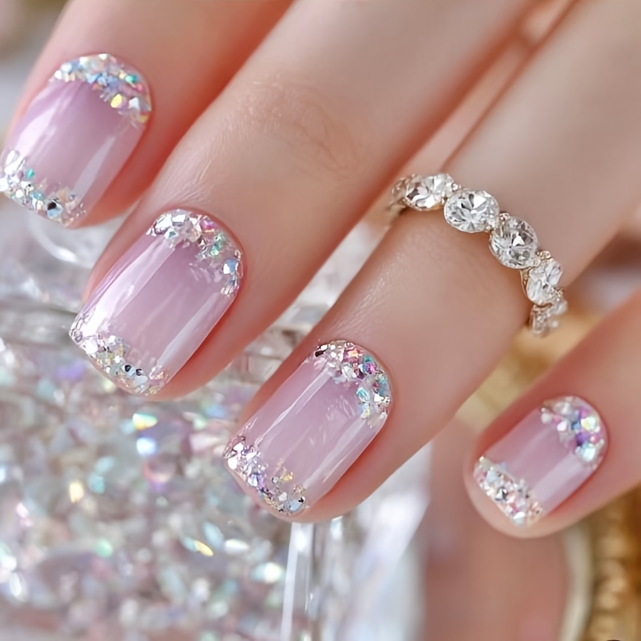 TEMU 24pcs Short Glossy Square Nails, European And American Fairy Nude Crushed Rhinestone Nail Art, Iridescent Glitter, , Elegant Bridal -on Nails,