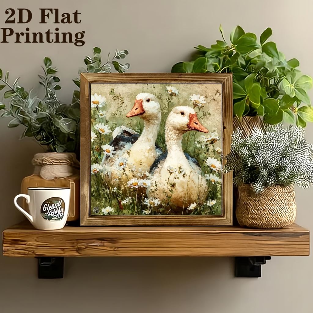 TEMU 2d Flat, 2d Flat Art Print Of 2 White Geese In A Daisy Field With A Country Farmhouse Style, With A Vintage Wooden Framed Wall Decor - Charming