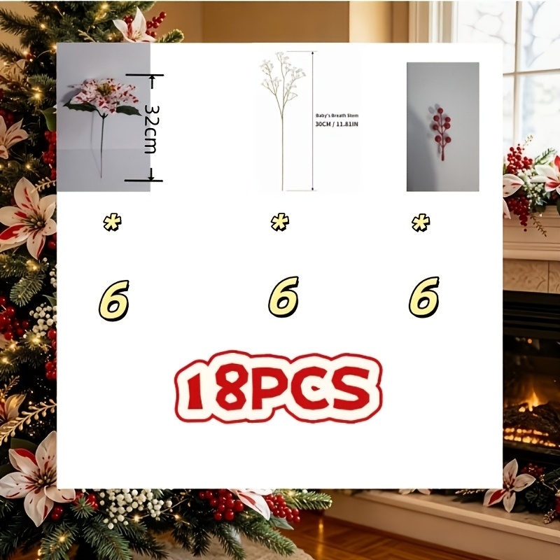 TEMU 18pcs Christmas Red And White Poinsettia Artificial Flower Set With Baby's Breath And Paste, Holiday Floral Arrangement Kit! Suitable For