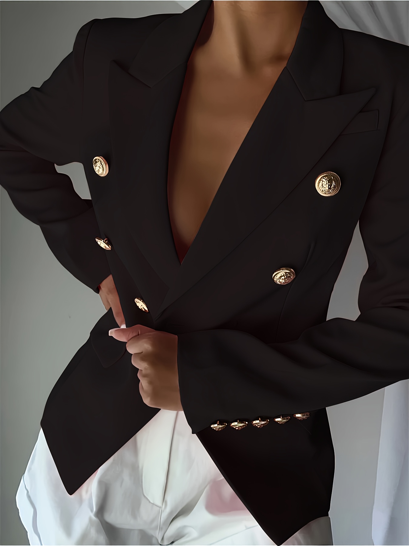 Women's Elegant Pink Double-Breasted Blazer - Polyester, Long Sleeve, Lapel Collar with Golden Buttons, Stylish Work Office Jacket