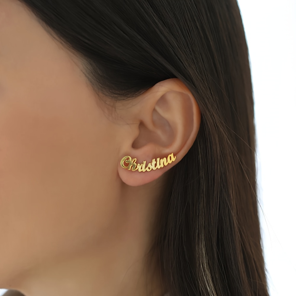 Image of Personalized Stainless Steel Name Stud Earrings - Elegant & Simple, Perfect For Casual Attire, Women's Fashion Jewelry, English Only