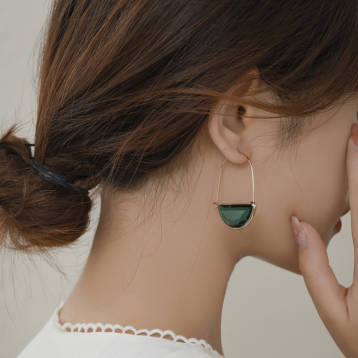 Image of Bohemian Minimalist Semi-circular Transparent Green Glass Artificial Crystal Earrings With Personalized And Fashionable Hanging Decoration Earrings