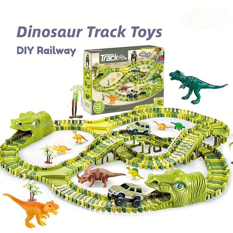 Jurassic Dinosaur Track Playset Electric Car Toy Set for Boys DIY Rail Racing Kit with Non Rechargeable AA Batteries Green