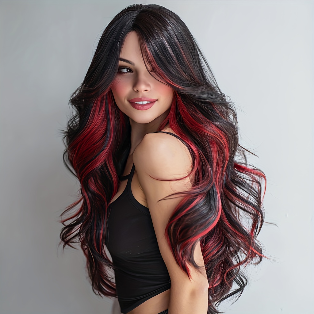TEMU 24-inch Black Wig With Red Highlights & Bangs - Long Curly Heat-resistant Synthetic Hair, | Elegant Style For Halloween, Christmas, New Year,