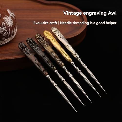 vintage sewing awl with needle heavy duty metal construction sharp tip stitching ideal for leather upholstery quilting crafting professional home sewing tools multi purpose sewing awl for beginners leatherworking tools decorative intricate engravings