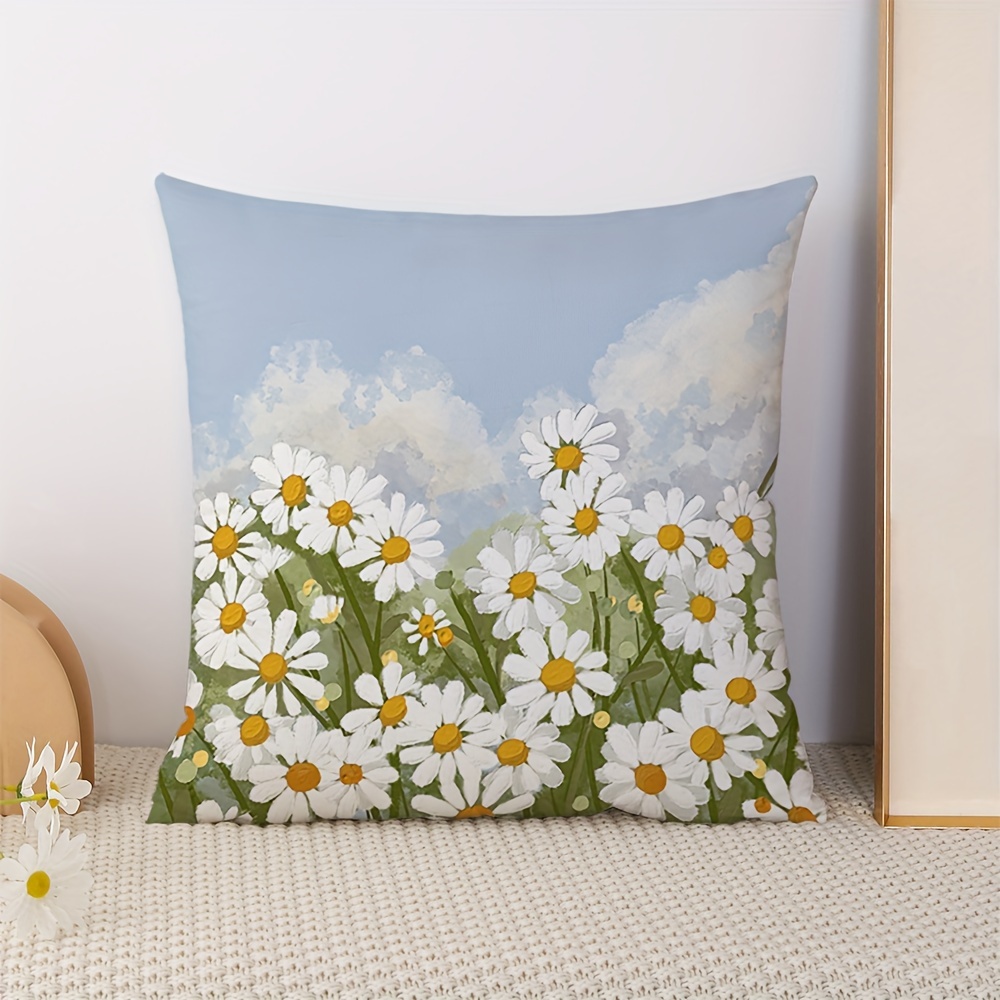 

1pc, Boho Aesthetic Daisy Flower Square Polyester Cushion Cover, Throw Pillow Cover, Bedroom Accessories, Sofa Cushion Cover, Living Room Throw Pillow Cover (no Pillow Core)
