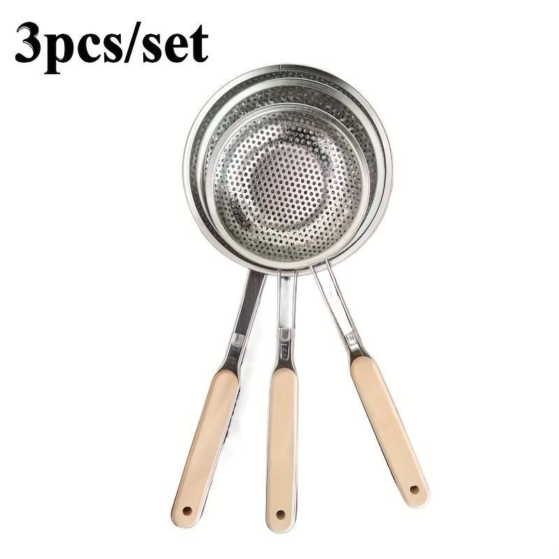 E-shop 3-teiliges Edelstahl-Sieb mit Holzgriff – Ideal zum Frittieren, Abtropfen Serviere von Pasta & Nudeln | für die Zubereitung Ihrer Speisen sowie