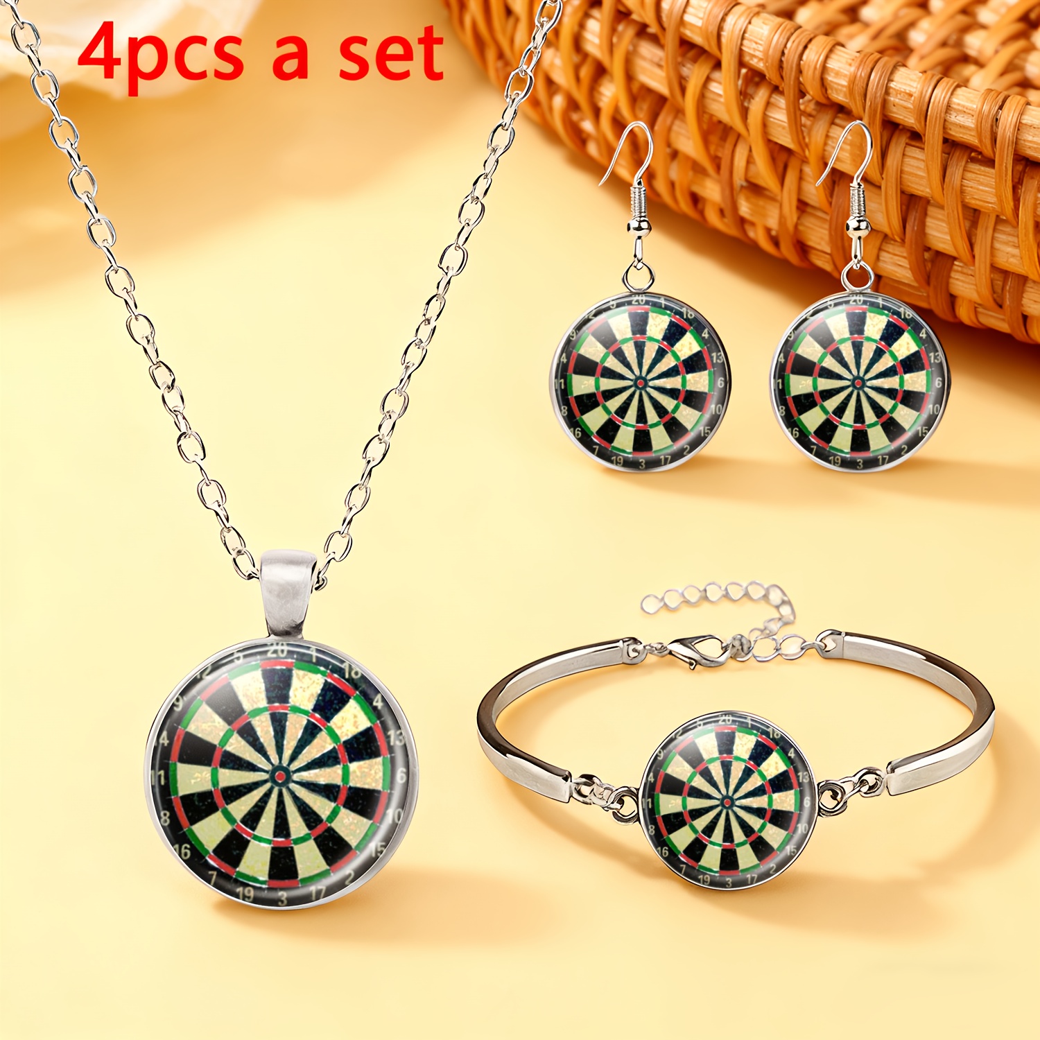 TEMU 4pcs White Jewelry Set: 1 Necklace, 1 Bracelet, 1 Pair Of Stud Earrings. Featuring A Dartboard Design With A Circular Black Background And