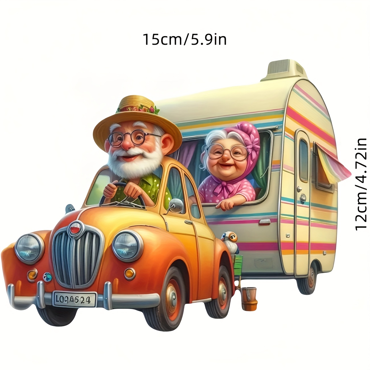 Happy Traveling Elderly Couple Driving A Vintage-style . Premium Vinyl Stickers Used For Personal Item Decoration But As Gifts