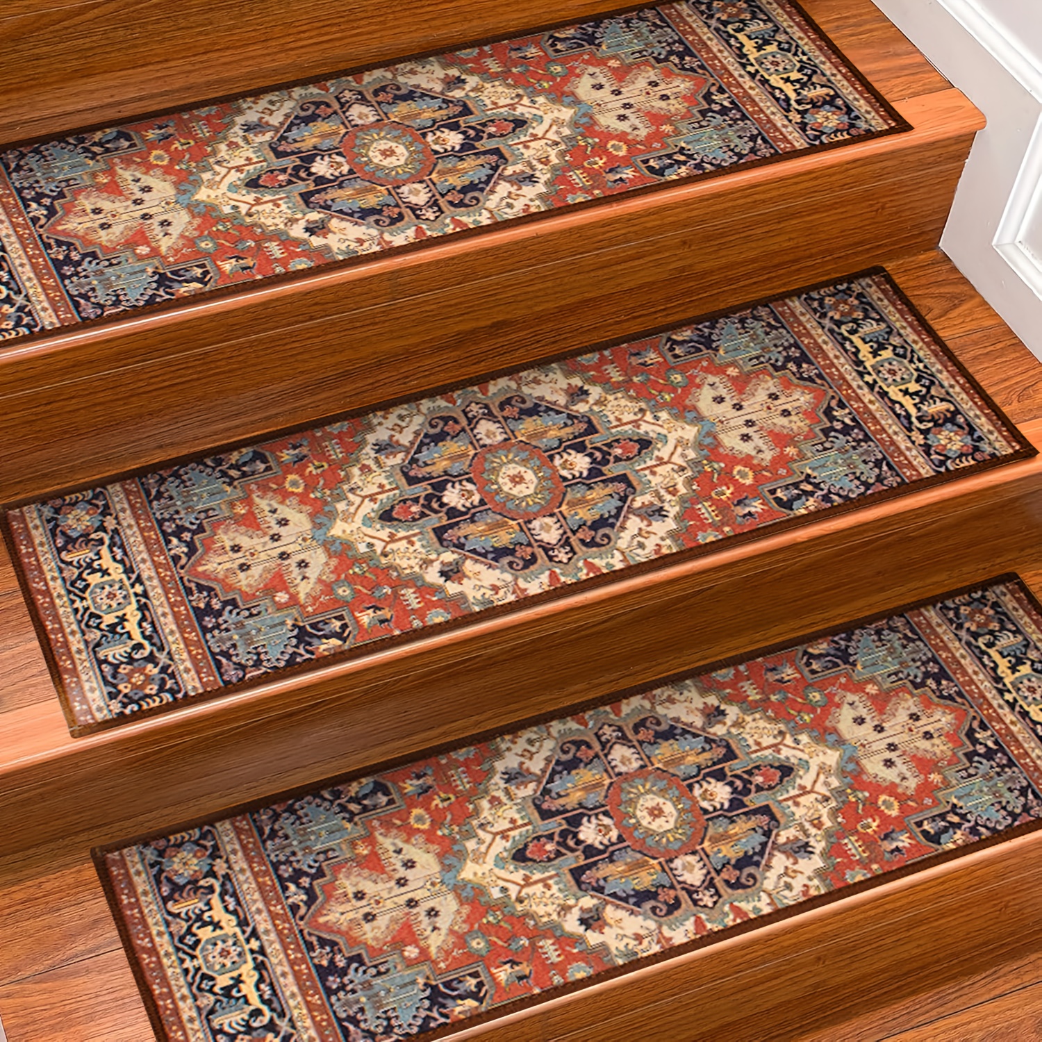 15-Pack Extra Long 20.32x76.2 cm Non-Slip Stair Treads - Heavy-Duty TPR Backing, Non-Slip Grip,   with   Backing - Indoor Carpet-like Runner Rugs for Wooden Steps, Elderly, Pets, Hardwood Floors - Bohemian Floral Pattern in Red/Blue/Beige/ / - Ideal for Home, Office, Hotel Use, Stair Treads Non Slip, Pet Friendly Rugs,   Decor, Durable Tpr Material, Elderly Safety, Stylish Flooring, Hightraction Surface