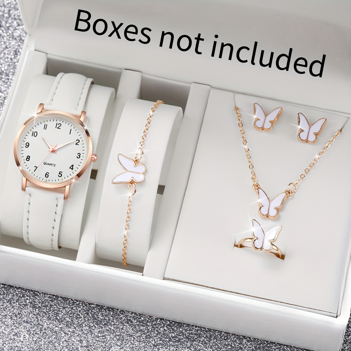 

6pcs/set Women's Casual Fashion Quartz Watch Analog Pu Leather Wrist Watch & Butterfly Jewelry Set, Gift For Mom Her