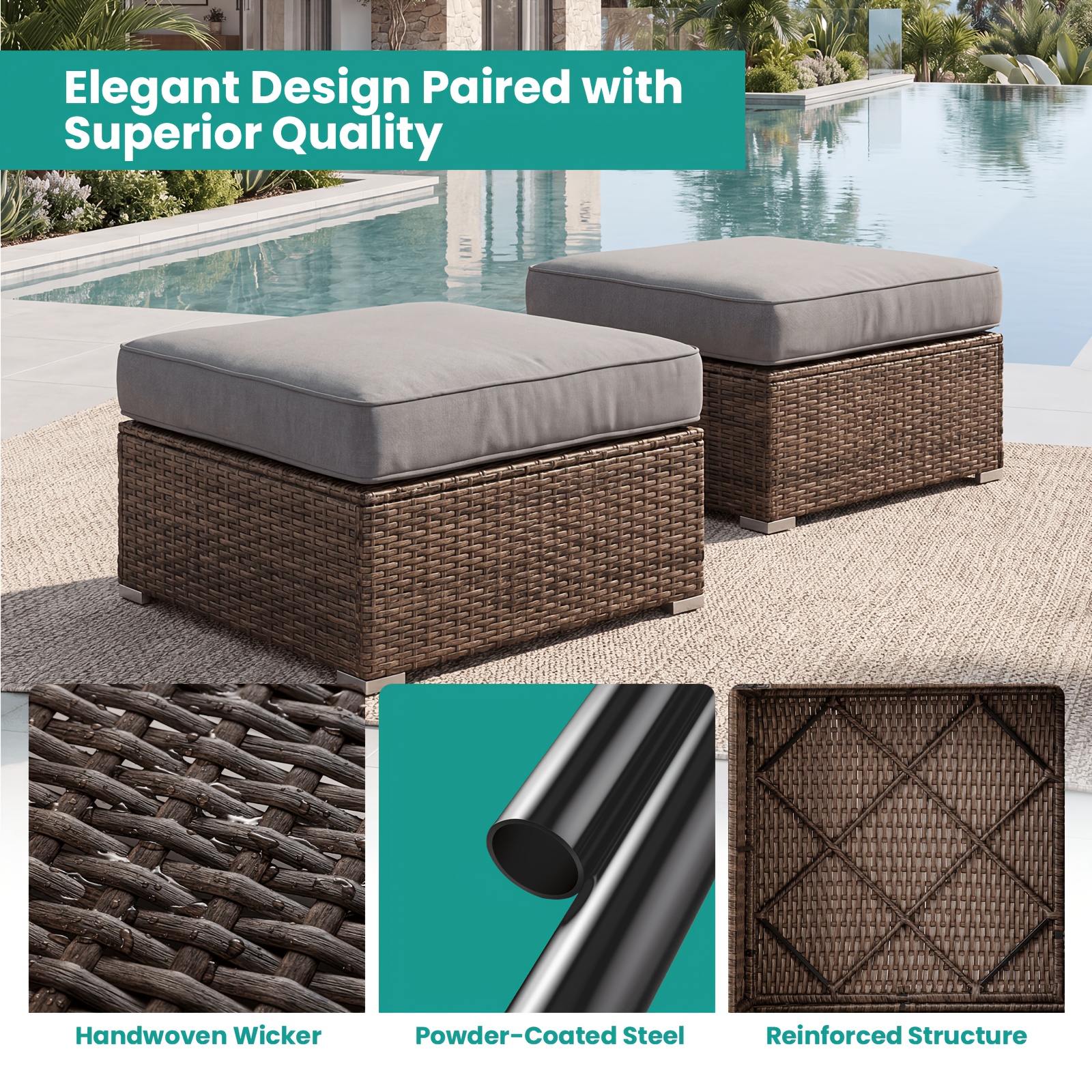 [Outdoor Love Chair] 2pcs Outdoor Love Chair, Wicker Armless Chair, Can Be Combined Sofa Conversation Set, Thick Grey Cushion With 2 Fancy Pillows, For Garden, Pool, Backyard