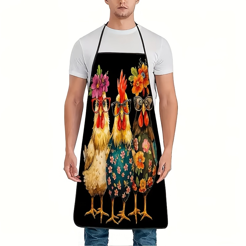 TEMU 2d Flat-1pc Funny Chicken With Glasses & Floral Print Apron - Cute Hen Design, Adjustable Waistband, Durable Easy-clean Polyester Apron Suitable