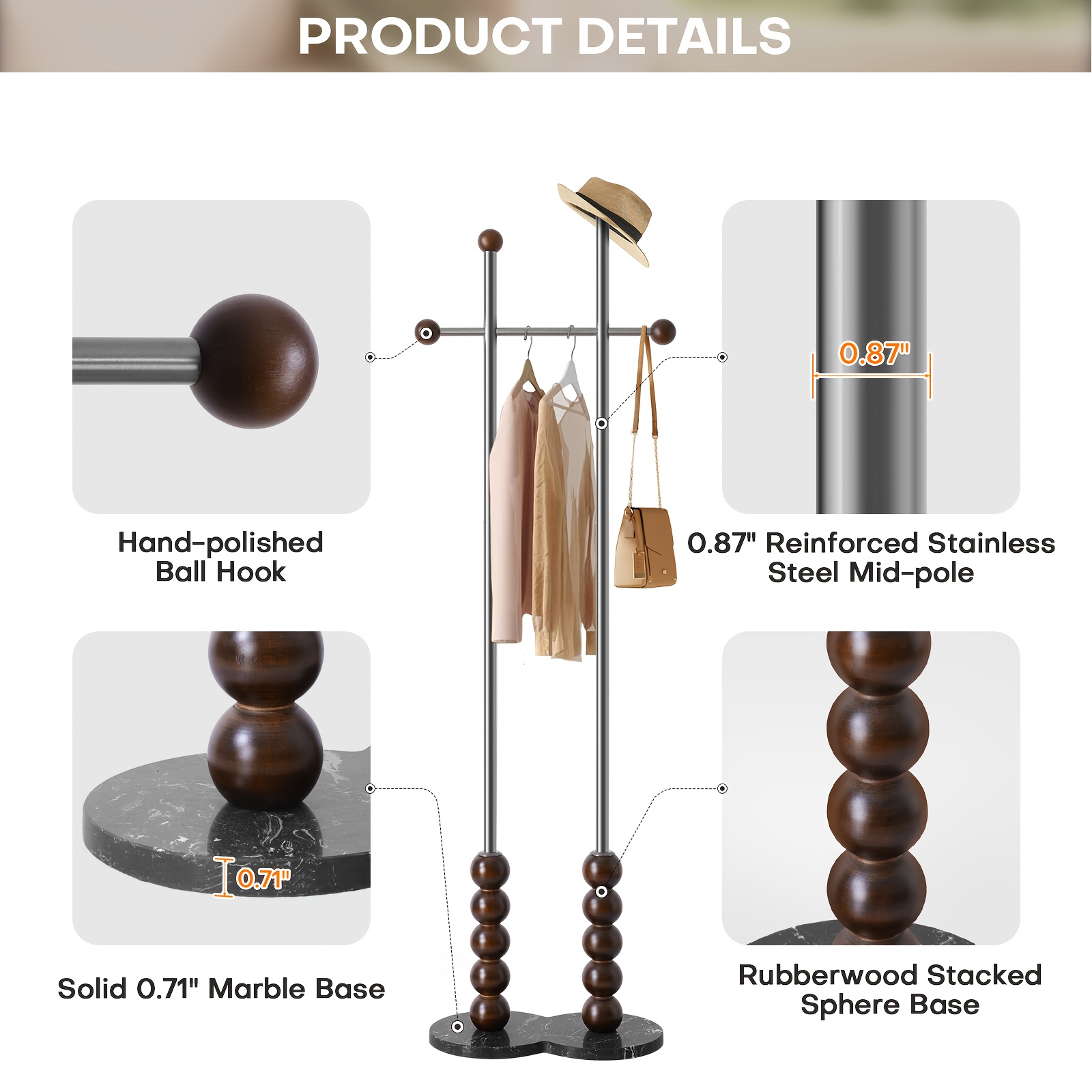 Metal Freestanding Coat Rack with Stainless Steel Double Rods & Marble Base, Hanging Clothes Rack for Entryway, Hallway, Bedroom, Living Room, Hallway Organizer, Entryway Storage, Contemporary Furniture, Modern Coat Hanger, Durable Construction, Highquality Materials, Freestanding Hanger, Versatile Organizer, Apartment Living, Interior Decorators