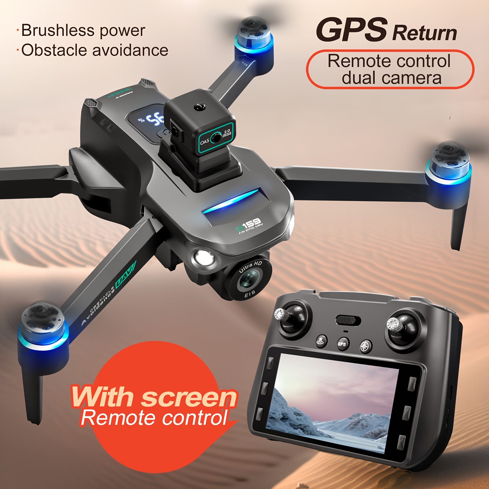 Drone S159 Smart GPS z Podwójnymi Kamerami HD, Optyczny Przepływ, Inteligentne Unikanie Przeszkód, Powrót/Obrot do Punktu Startu Jednym Przyciskiem, Fotografia Lotnicza, Transmisja WIFI w Czasie Rzeczywistym, Tryb Bezorientacyjny, Składany i Przenośny, Dron z Ekranem,Wysokiej Jakości Dron,Dron z pilotem zdalnego sterowania i ekranem,Dron Długodystansowy,Mini Dron,Mini Dron, Latanie Dronem,Kompaktowy Dron,Lekki Dron,Stabilny Lot,Trwała Konstrukcja,Hobbyści Fotografii,