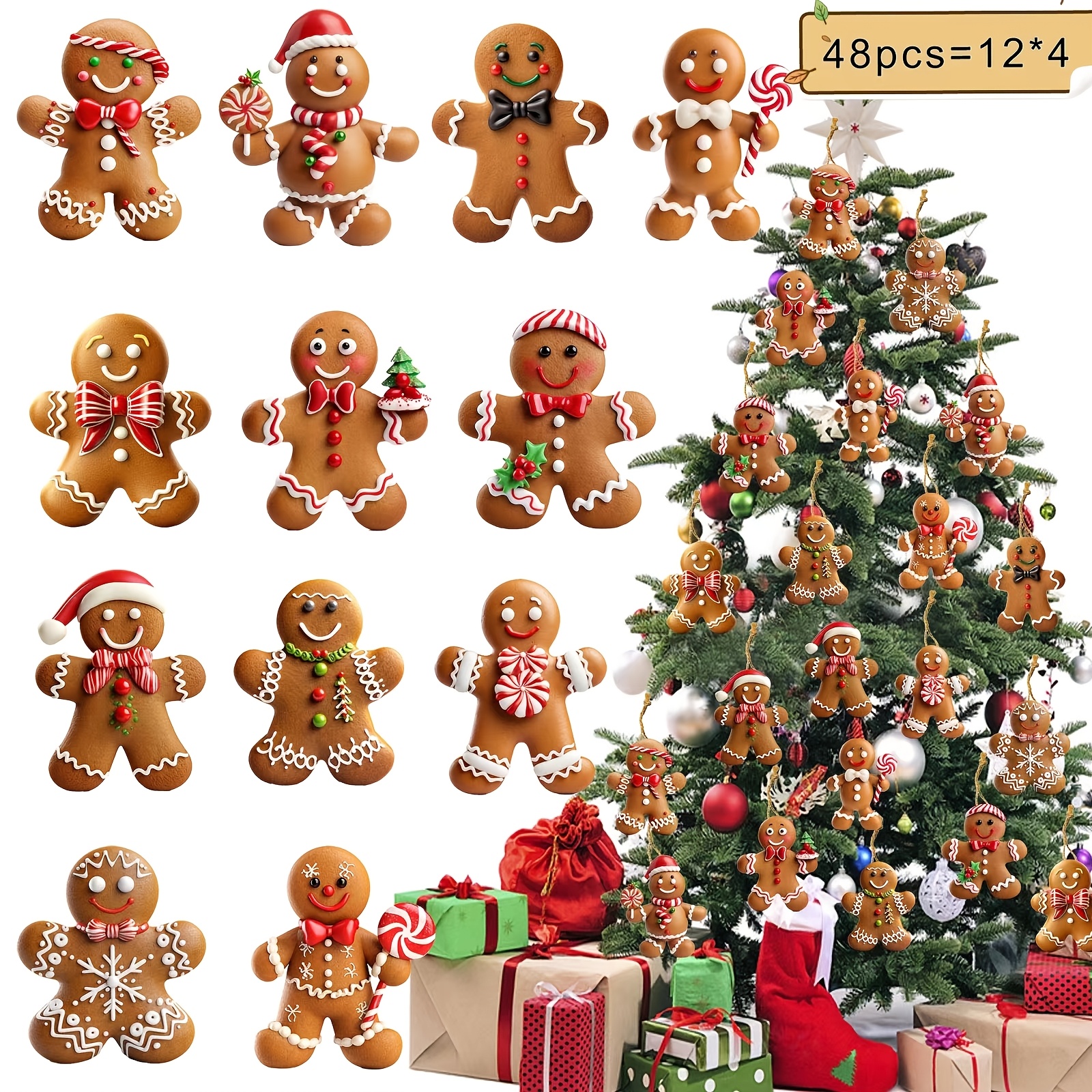 

48pcs Wooden Gingerbread For Man Christmas Tree Ornaments Set - Holiday Decorations For Home & Party