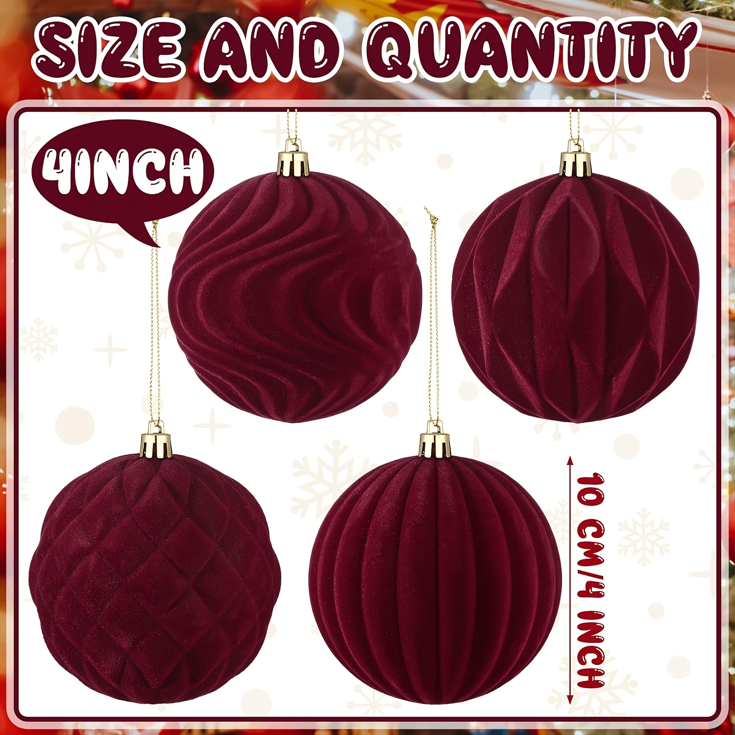 TEMU 4pcs Large Burgundy Vintage Flocked Christmas Ball Ornaments Suitable For Xmas Decorations, Plastic/velvet Hanging Spheres With Round Shape For