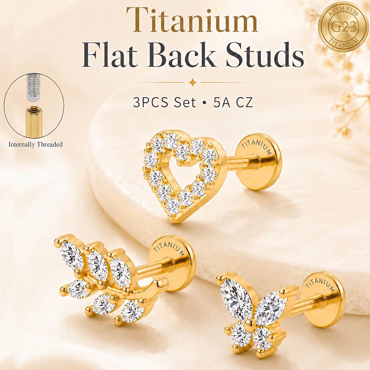 TEMU 3pcs Set G23 Titanium Flat Back Stud Earrings, Fashionable, Elegant, Hypoallergenic, 18k Gold Plated, Heart, , Leaf, Cartilage Piercing Jewelry,