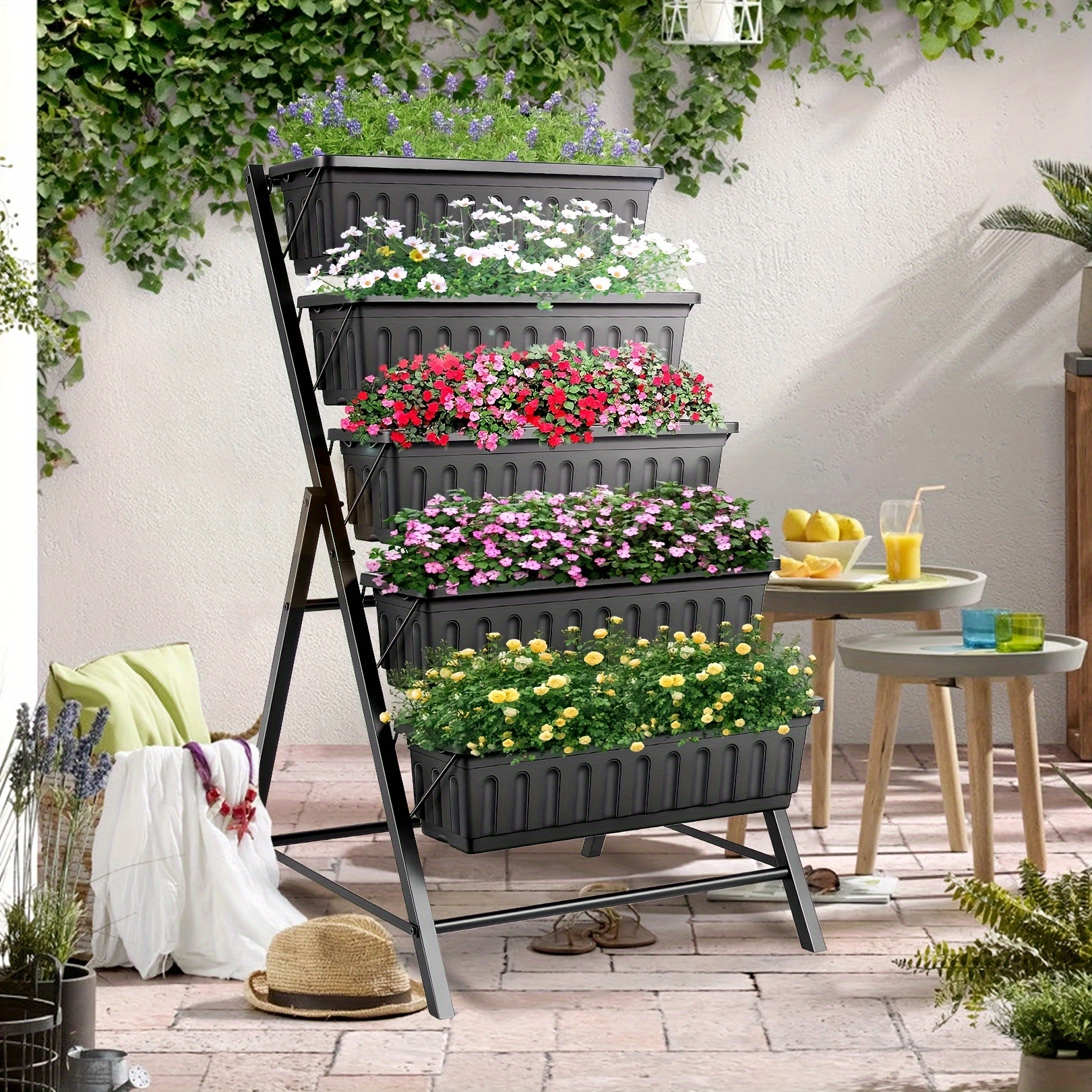 4FT Vertical Garden Planter 5 Tiers Vertical Garden Bed Outdoor Indoor Garden Planters With Drainage Holes And 4 Hooks - Ideal For Outdoor Plants, Vegetables, And Flowers