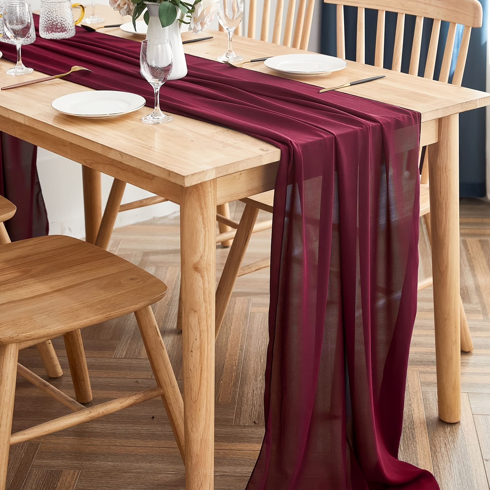 TEMU 1pc, 12 Inch X 118 Inch Burgundy Chiffon Table Runner, Sheer Gauze Romantic Wedding Table Runner Rustic Table Runner For Thanksgiving Christmas