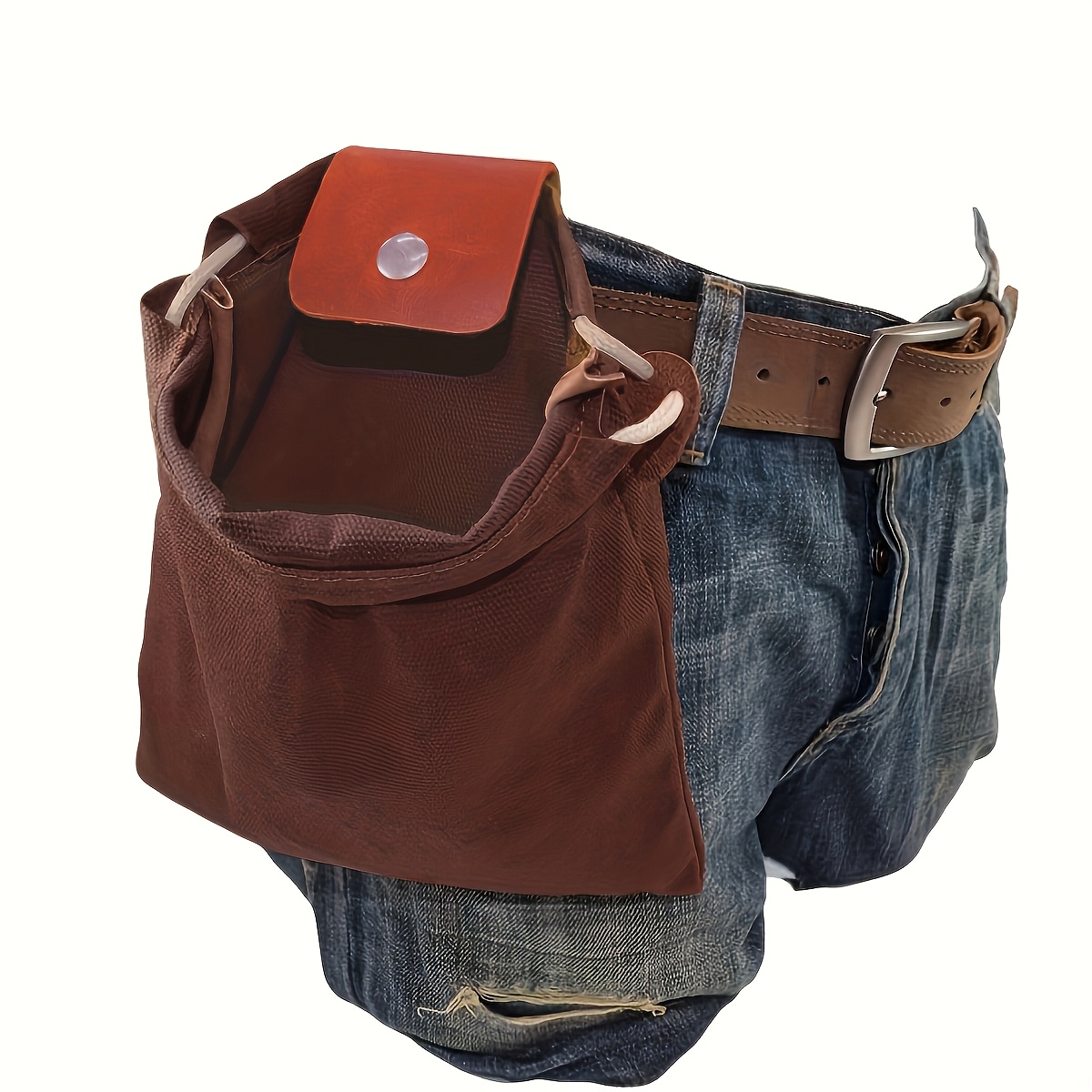 Brown Portable Outdoor Foraging Canvas Waist Pouch Tool Bag Foldable Berry Bag Storage Leather Camping Jungle Organizer 1pc