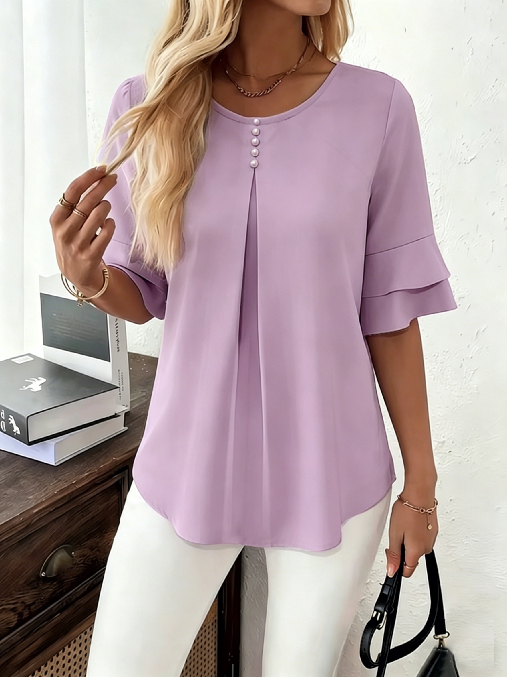 Elegant Flared Sleeve Shirt, Summer Loose Solid Round Neck Top
