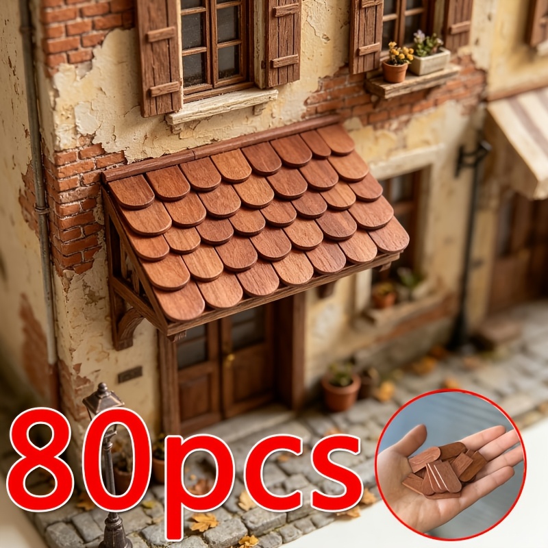 TEMU 80pcs Miniature Mini House Wooden Tile Roof Decoration 1:12 Dollhouse Renovation Additions