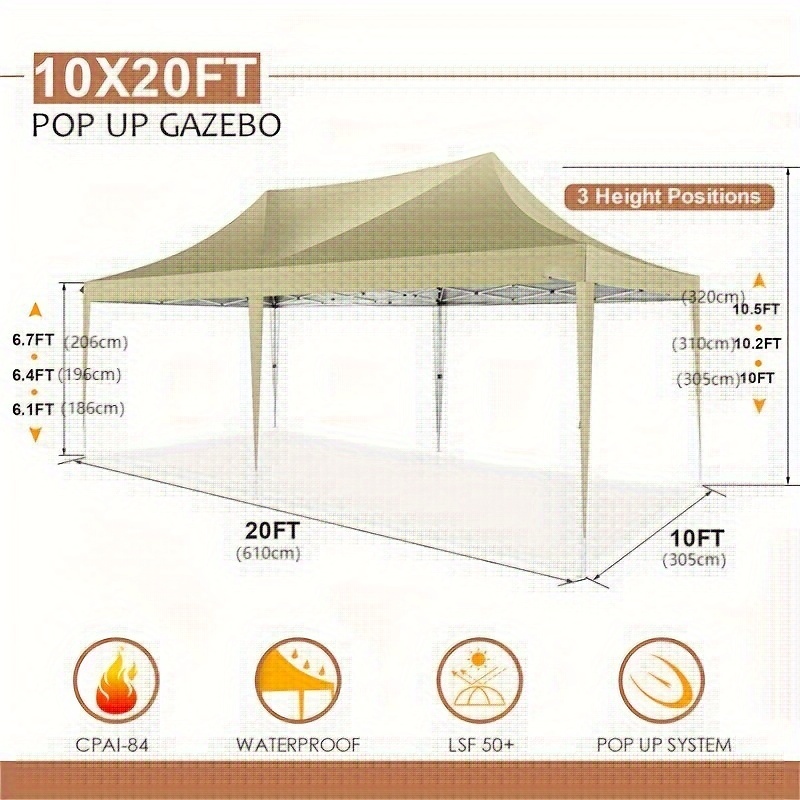   10 20ft pop up awning tent upgraded structure wind and water proof with removable side walls suitable for parties weddings camping and other outdoor activities details 0