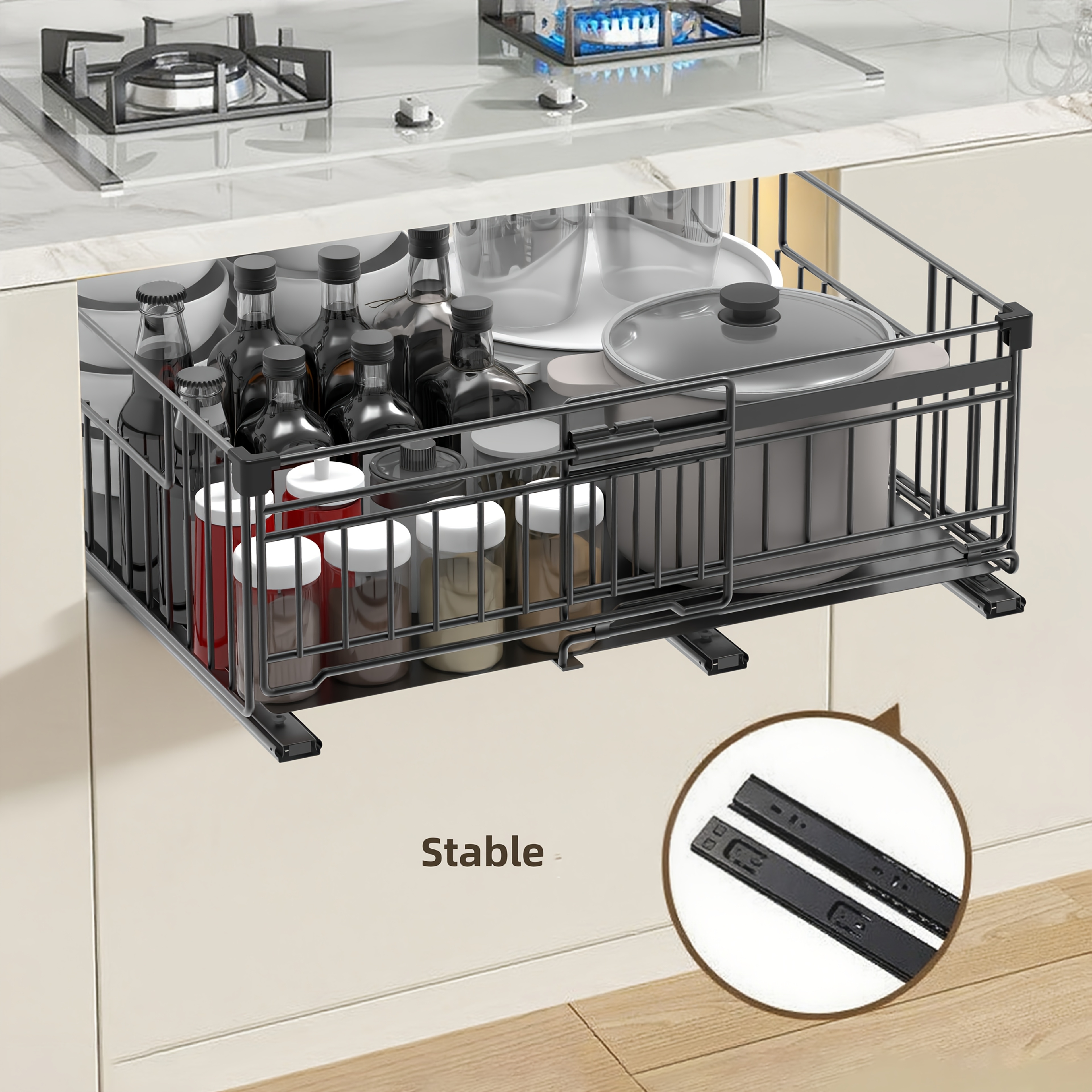 1pc Adjustable Width Pull-out Cabinet Organizer Drawers, Heavy-duty Carbon Steel Construction, Screwless Slide-out Shelves, Space- Kitchen Storage For Cabinets, Pantry, Office